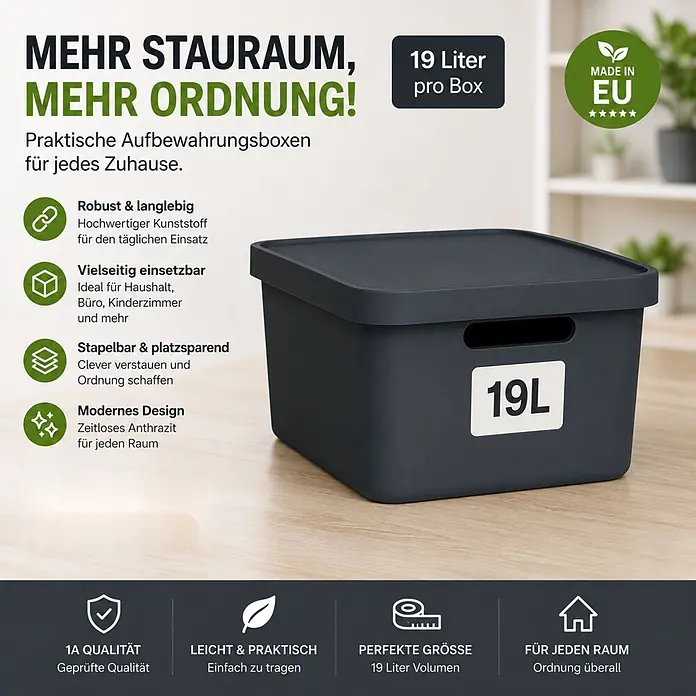 3er-Set 19 Liter in Anthrazit mit Deckel – Stapelboxen, Lagerboxen -  - Anthrazitfarbene Kunststoff-Aufbewahrungsbox mit Deckel und 19L Volumen, ideal für Ordnung.