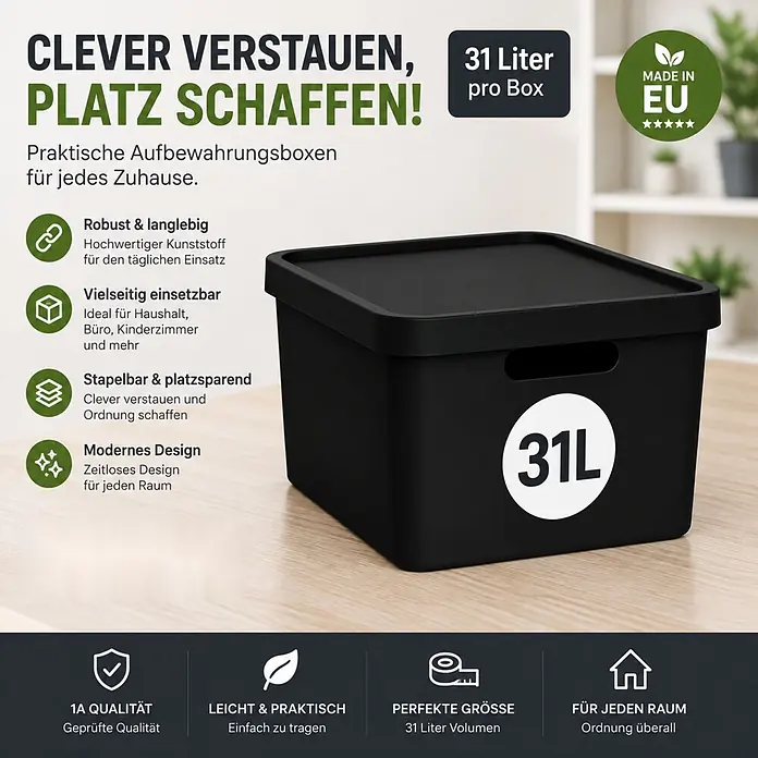 2er-Set 31 Liter in Schwarz mit Deckel – Stapelboxen, Lagerboxen - 