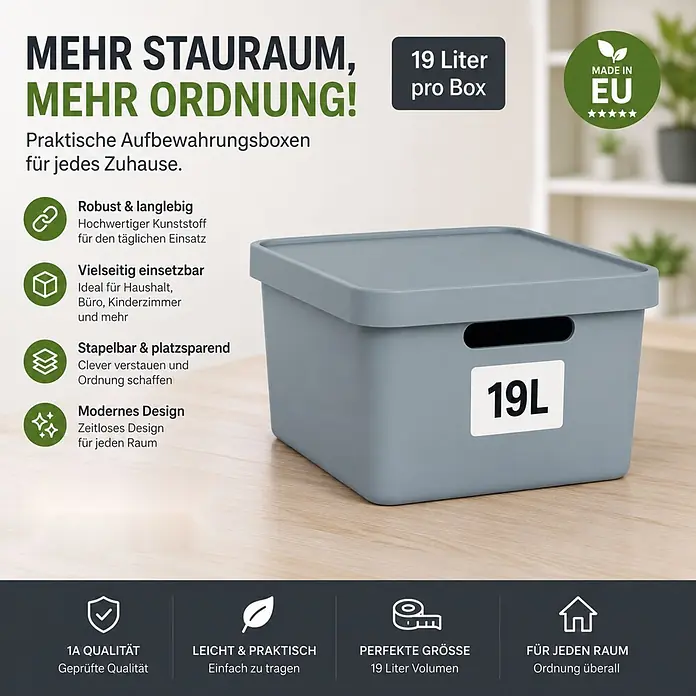 2er-Set 19 Liter in Grau mit Deckel – Stapelboxen, Lagerboxen -  - Graue Kunststoff-Aufbewahrungsbox (19L) mit Deckel, stapelbar und vielseitig einsetzbar. Hergestellt in der EU.