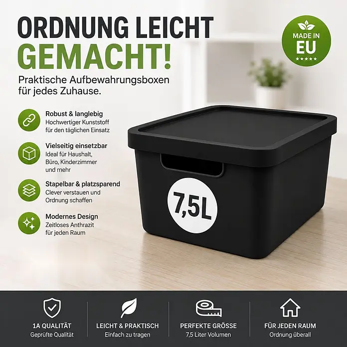 2er-Set 7,5 Liter in Schwarz mit Deckel – Stapelboxen, Lagerboxen - 