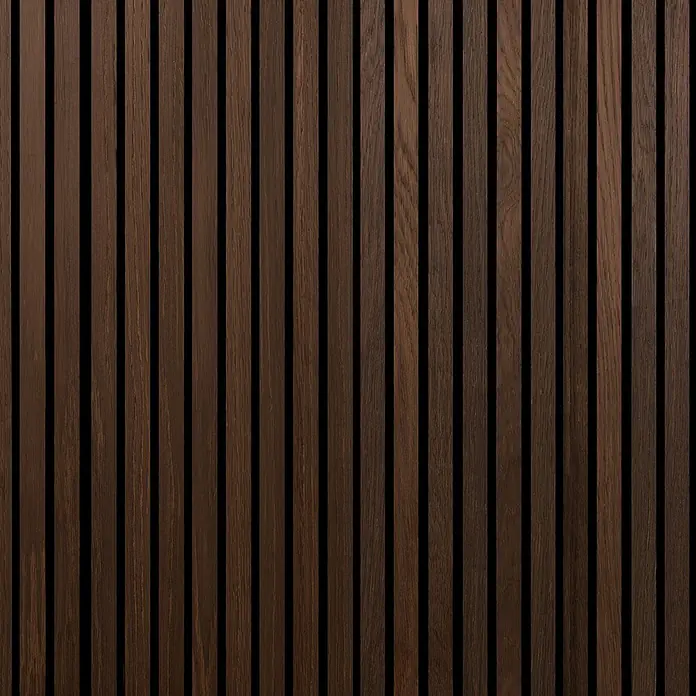FibroTech Akustikpaneel Proff - Smoked Oak, L x B x S: 3.000 x 605 x 22 mm, 1 Stk., 1,82 m² - Dunkle Holzlatten-Wandverkleidung.