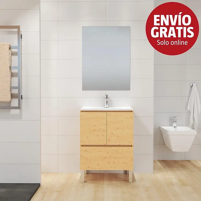 Artysan Mueble bajo de lavabo Pine - L x An x Al: 44,6 x 60 x 82 cm, Pino - Mueble de baño moderno de pino claro con lavabo blanco, grifo cromado y espejo rectangular.