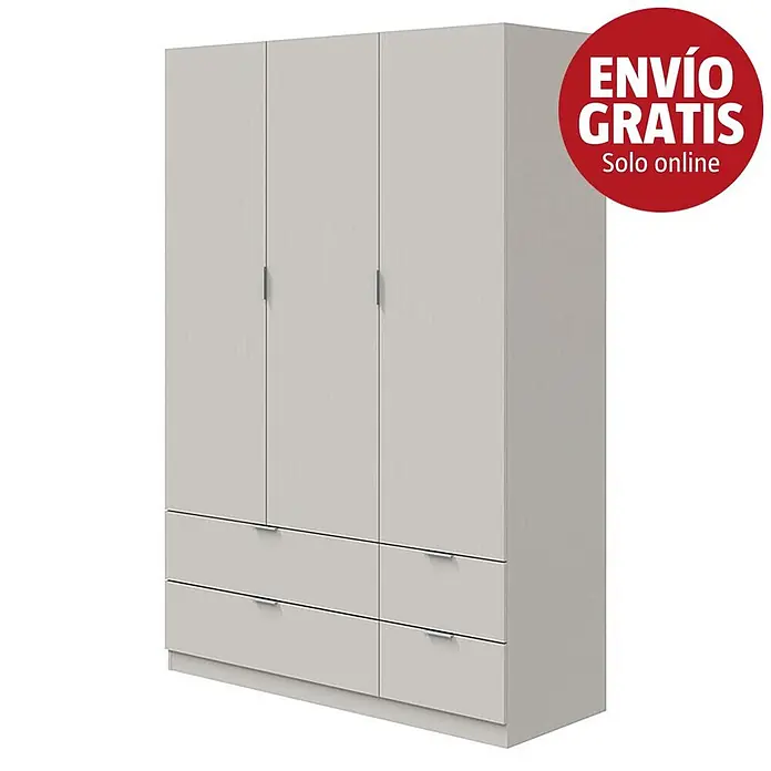 Armario para ropa Cachemir - L x An x Al: 52 x 135 x 200 cm, Cachemir - Armario gris claro con tres puertas y cuatro cajones.