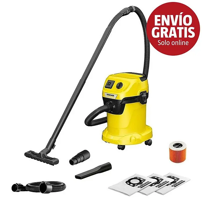 Kärcher Aspirador en seco y húmedo eléctrico WD 3 P V-17/4/20 Extension - 1.000 W, Volumen de recipiente: 17 l, 9 pzs. - Aspiradora Kärcher amarilla en seco/húmedo con manguera, boquillas, filtro y bolsas.