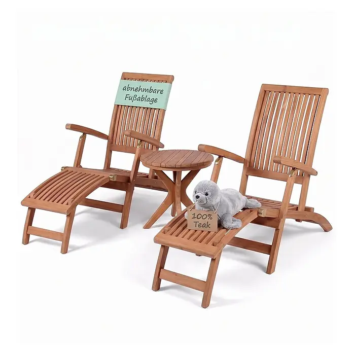 Gartenmöbelset Teak Deckchair Yacht & Tisch Burton -  - Zwei Teakholz-Gartenliegen mit Fußablagen und ein runder Beistelltisch.