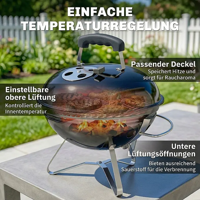 Outsunny-Kugelgrill-Ø41 x 44H cm -  - Schwarzer tragbarer Kugelgrill mit Deckel, auf einem Tisch im Freien beim Grillen von Speisen. Verfügt über einstellbare Lüftung zur Temperaturkontrolle und Raucharoma.