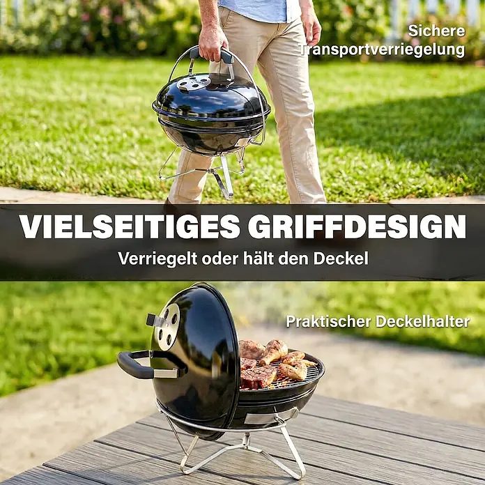 Outsunny-Kugelgrill-Ø41 x 44H cm -  - Schwarzer, tragbarer Holzkohlegrill, getragen und beim Grillen von Fleisch, mit vielseitigem Griff für Transport und Deckelhalterung.