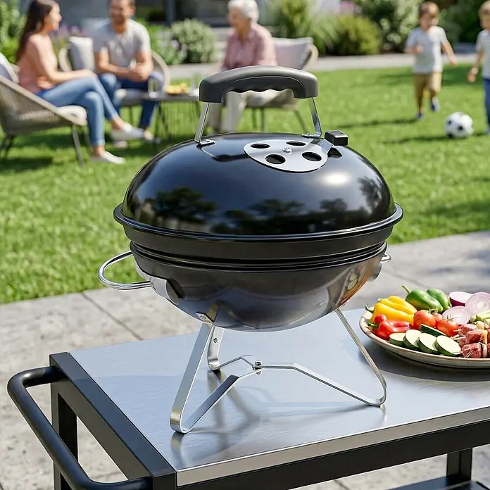 Outsunny-Kugelgrill-Ø41 x 44H cm -  - Schwarzer tragbarer Grill auf einem Edelstahlwagen mit frischem Gemüse, bereit für das Grillen im Freien bei einem Familientreffen.