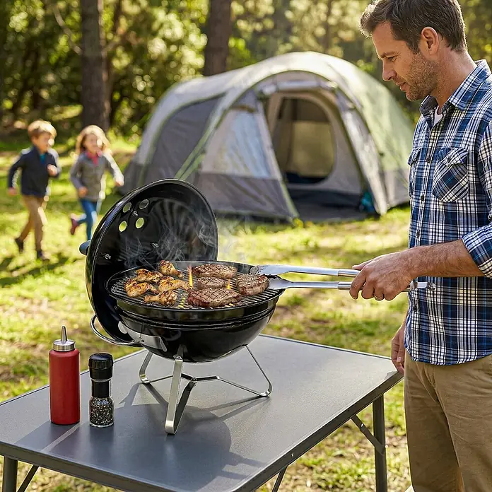 Outsunny-Kugelgrill-Ø41 x 44H cm -  - Schwarzer tragbarer Holzkohlegrill, von einem Mann im Freien benutzt, um Fleisch zu grillen, mit Zelt und Kindern im Hintergrund.