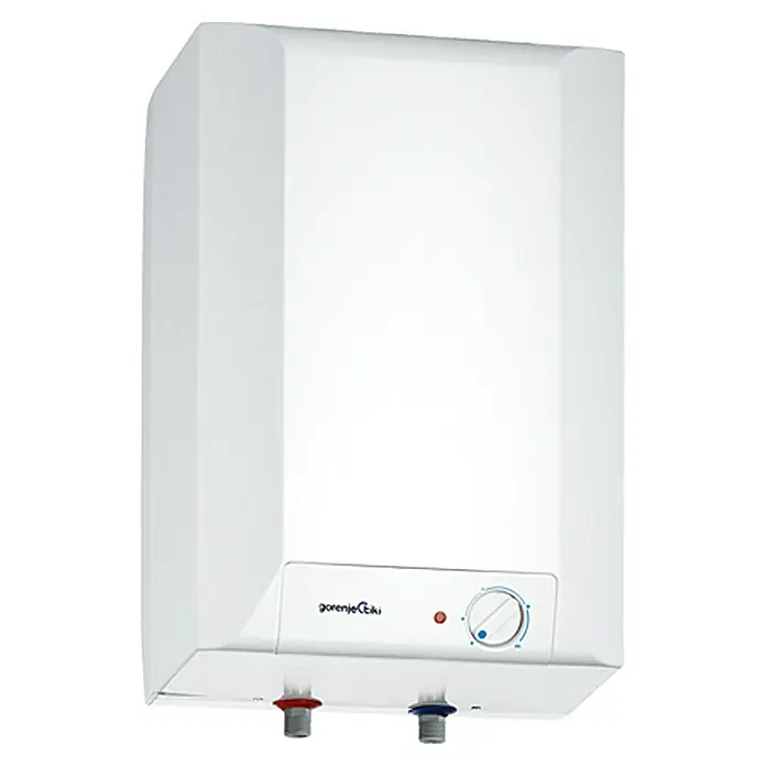 Gorenje Warmwasserspeicher EKW 10 O - 10 l, 2.000 W, Obertischmontage - Abbildung eines Gorenje-Elektro-Warmwasserbereiters in Weiß, kompakt und mit Bedienelementen für die Temperatureinstellung ausgestattet.
