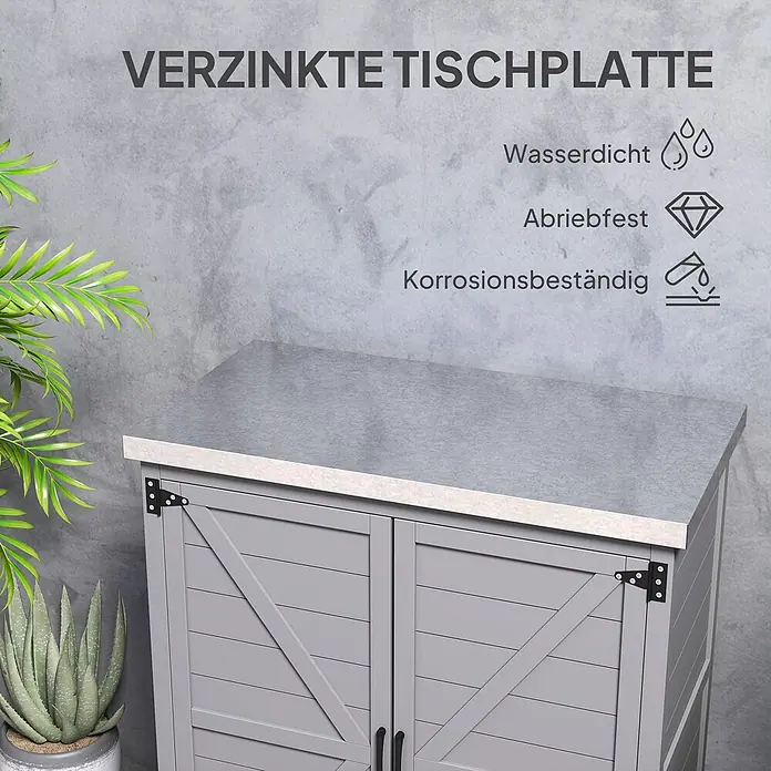 Furnicato Gartenschrank mit Werkbank aus Tannenholz, Grau -  - Grauer Gartenschrank mit verzinkter, witterungsbeständiger Tischplatte.