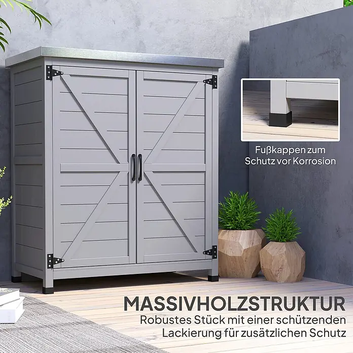 Furnicato Gartenschrank mit Werkbank aus Tannenholz, Grau -  - Grauer Massivholz-Gartenschrank mit Metallplatte und korrosionsgeschützten Fußkappen. Robust und wetterfest.