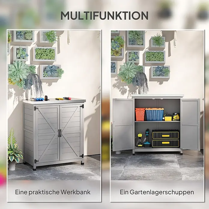Furnicato Gartenschrank mit Werkbank aus Tannenholz, Grau -  - Grauer Outdoor-Schrank als Werkbank und offener Gartenschuppen für Werkzeuge.