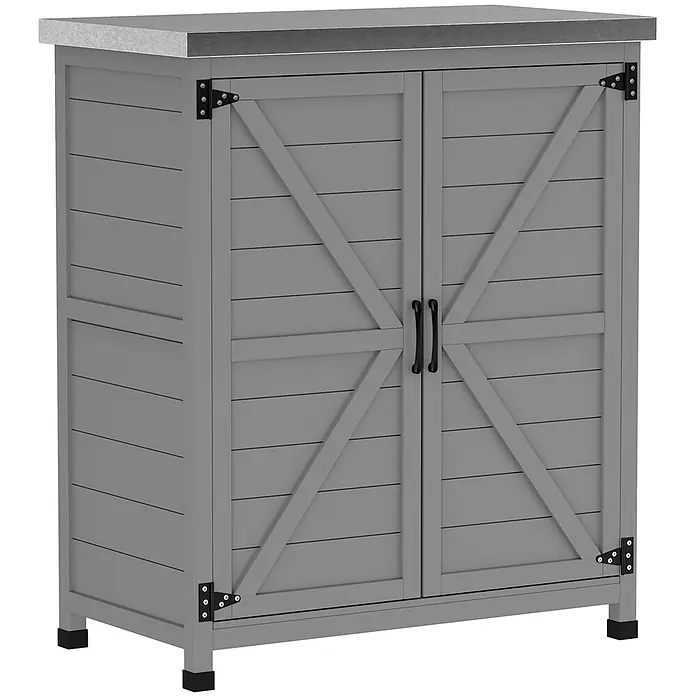 Furnicato Gartenschrank mit Werkbank aus Tannenholz, Grau -  - Grau lackierter Holzschrank mit Scheunentüren, schwarzen Griffen, Scharnieren und Metallplatte.