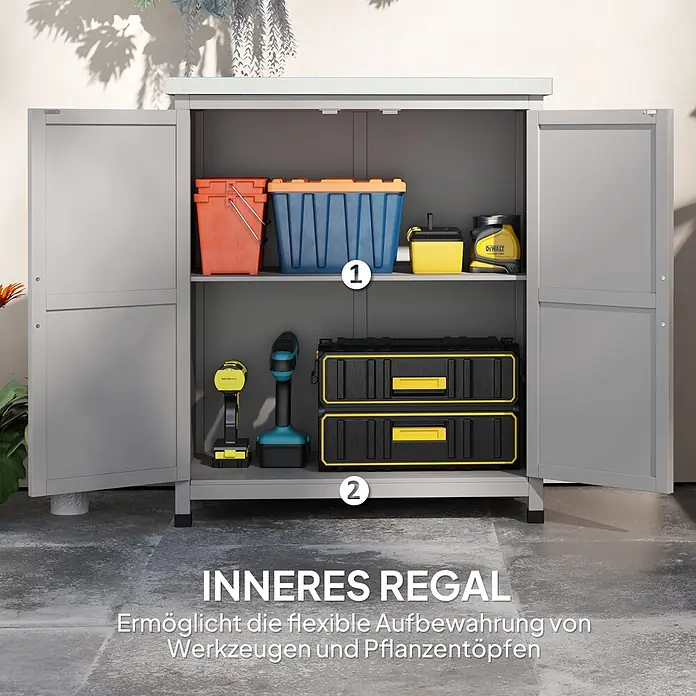 Furnicato Gartenschrank mit Werkbank aus Tannenholz, Grau -  - Grauer Outdoor-Schrank mit offenen Türen und flexiblem Innenregal, gefüllt mit Werkzeugen und Behältern auf einer Terrasse.