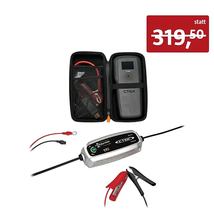 CTEK Starthilfegerät Set RB 3000/MXS 3.8 EU - 2 -tlg. - Ein schwarzer tragbarer Starthilfe-Booster in einer Hülle und ein silbernes CTEK MXS 3.8 Ladegerät mit Klemmen und Anschlüssen.