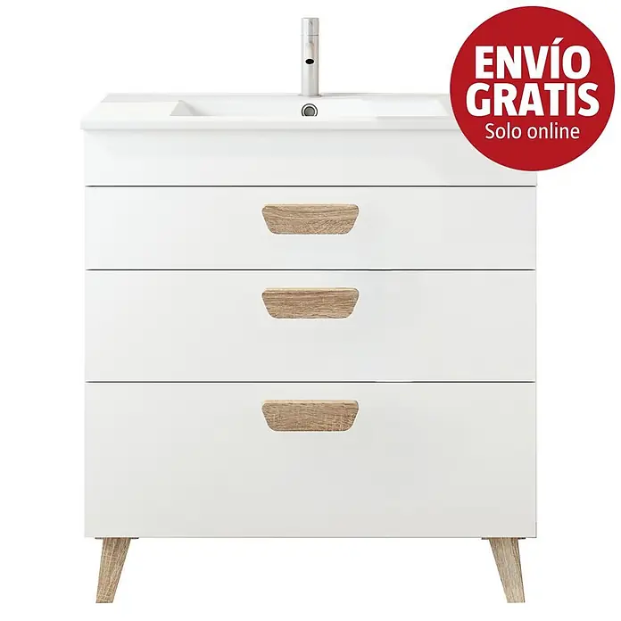 Mueble bajo de lavabo Danubio - L x An x Al: 45 x 80 x 72 cm, Blanco/Roble bardolino - Mueble de baño blanco con lavabo integrado, grifo cromado, tres cajones con tiradores de madera clara y patas a juego.