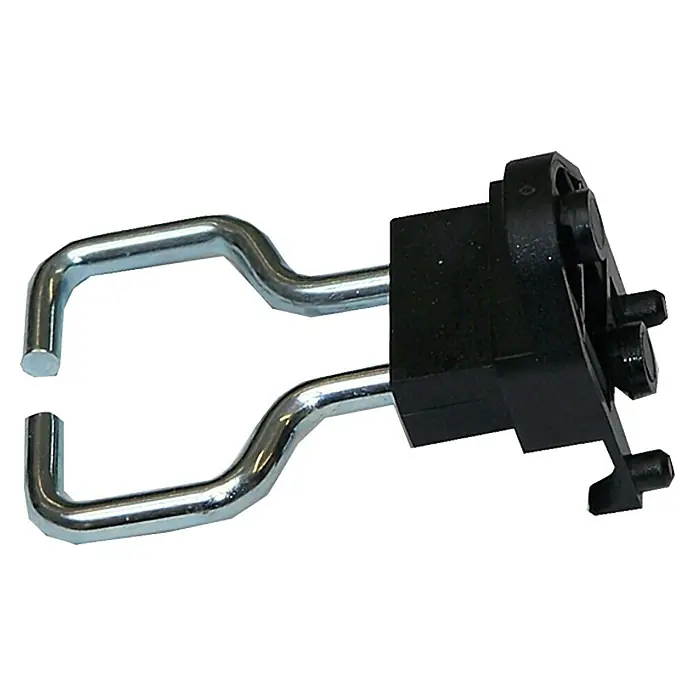 Küpper Lochwandhaken 7205 - Passend für: Küpper Stahlblech-Lochwand, Länge: 35 mm, 4 -tlg. - Ein Detailbild eines schwarzen Gerätehalters mit zwei silberfarbenen Metallhaken.