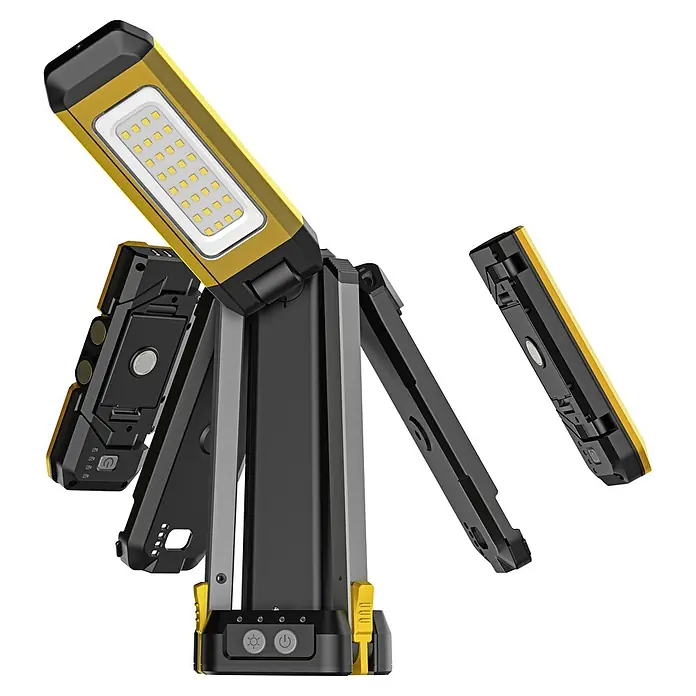 Profi Depot LED-Arbeitsleuchte 360° mit Tripod Stativ - L x B x H: 9,5 x 10,5 x 168 cm, 1.400 lm - 3.300 lm, Lichtfarbe: Kaltweiß, Akkubetrieben, IP65 - Verstellbare gelb-schwarze LED-Arbeitsleuchte mit mehreren klappbaren Paneelen und integrierter Taschenlampe.