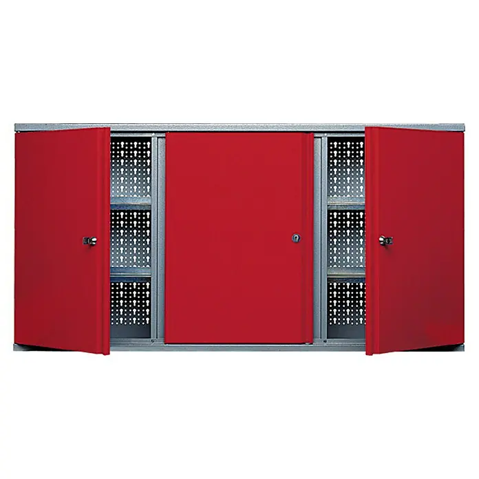 Küpper Armario colgante - L x An x Al: 20 x 120 x 60 cm, Número de puertas: 3 ud., Rojo/Gris plata - Armario de herramientas rojo con estantes perforados, dos puertas con bisagras flanquean una sola puerta central.