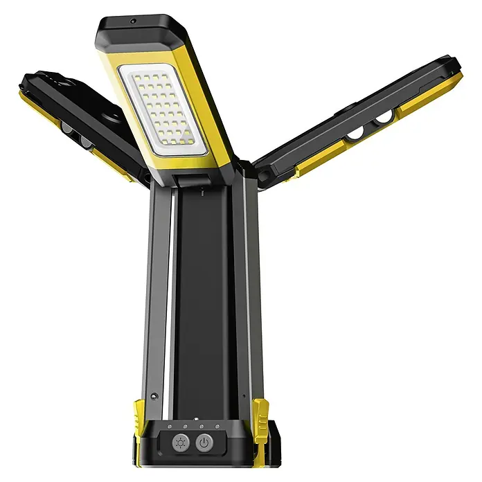Profi Depot LED-Arbeitsleuchte 360° mit Tripod Stativ - L x B x H: 9,5 x 10,5 x 168 cm, 1.400 lm - 3.300 lm, Lichtfarbe: Kaltweiß, Akkubetrieben, IP65 - Verstellbare schwarz-gelbe LED-Arbeitsleuchte mit mehreren Panels und Bedienelementen an der Basis.