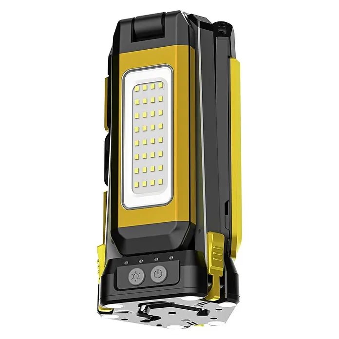 Profi Depot LED-Arbeitsleuchte 360° mit Tripod Stativ - L x B x H: 9,5 x 10,5 x 168 cm, 1.400 lm - 3.300 lm, Lichtfarbe: Kaltweiß, Akkubetrieben, IP65 - Gelb-schwarze tragbare LED-Arbeitsleuchte mit großem rechteckigem LED-Panel und Bedienelementen an der Basis.