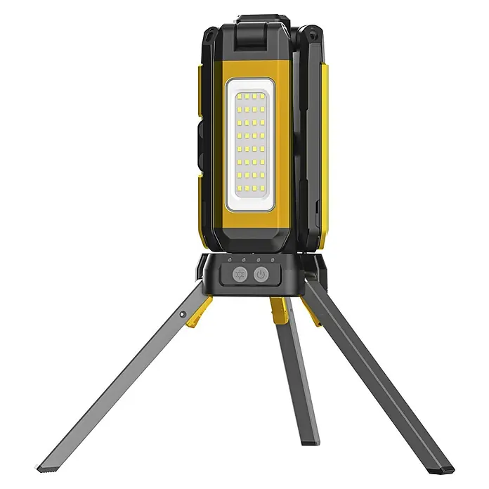 Profi Depot LED-Arbeitsleuchte 360° mit Tripod Stativ - L x B x H: 9,5 x 10,5 x 168 cm, 1.400 lm - 3.300 lm, Lichtfarbe: Kaltweiß, Akkubetrieben, IP65 - Gelb-schwarze tragbare LED-Arbeitsleuchte mit Stativ und Bedienelementen.