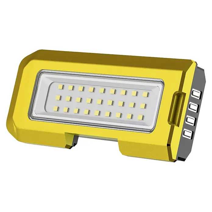 Profi Depot LED-Arbeitsleuchte 360° mit Tripod Stativ - L x B x H: 9,5 x 10,5 x 168 cm, 1.400 lm - 3.300 lm, Lichtfarbe: Kaltweiß, Akkubetrieben, IP65 - Gelbe tragbare LED-Arbeitsleuchte mit rechteckiger Anordnung heller LEDs und vier Batterieanzeigen.