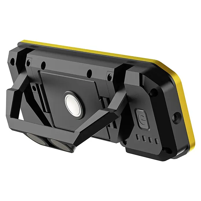 Profi Depot LED-Arbeitsleuchte 360° mit Tripod Stativ - L x B x H: 9,5 x 10,5 x 168 cm, 1.400 lm - 3.300 lm, Lichtfarbe: Kaltweiß, Akkubetrieben, IP65 - Schwarze und gelbe tragbare Arbeitsleuchte/Powerbank mit Ständer, Magnetfuß und Power-Taste.