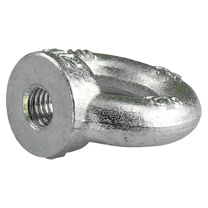 Ringmutter - M 10, Verzinkt, Innendurchmesser: 25 mm - Nahaufnahme einer silbernen Ringmutter, ein Befestigungselement mit einem Ring zur Befestigung an einem Bolzen oder einer Schraube.