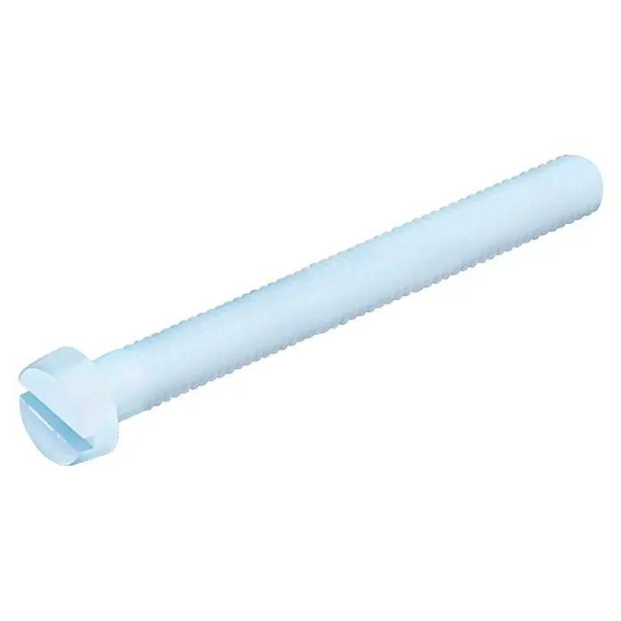 Stabilit Kunststoff-SchraubeM 6, Länge: 40 mm, 10 Stk. - Nahaufnahme einer weißen Schlitzschraube aus Kunststoff mit durchgehendem Gewinde vor weißem Hintergrund.