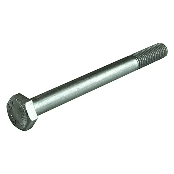 Stabilit Sechskantschraube A2M 8, Länge: 20 mm, Edelstahl, 4 Stk. - Nahaufnahme einer silbernen Sechskantschraube mit Gewindeende, die auf einem weißen Hintergrund liegt.