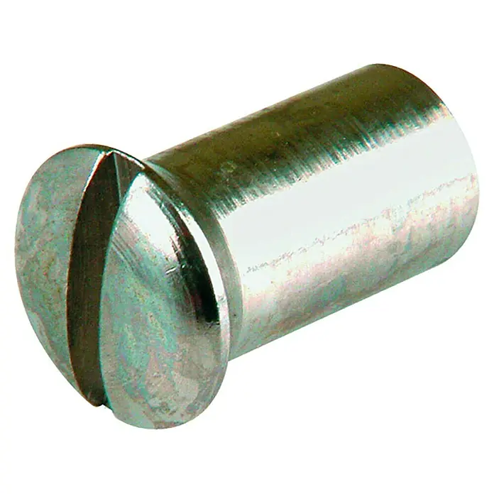 Hülsenmutter - M 4, Vernickelt, 4 Stk. - Nahaufnahme eines Schlitznietstifts aus Metall, der für Befestigungszwecke verwendet wird und eine robuste Konstruktion aufweist.