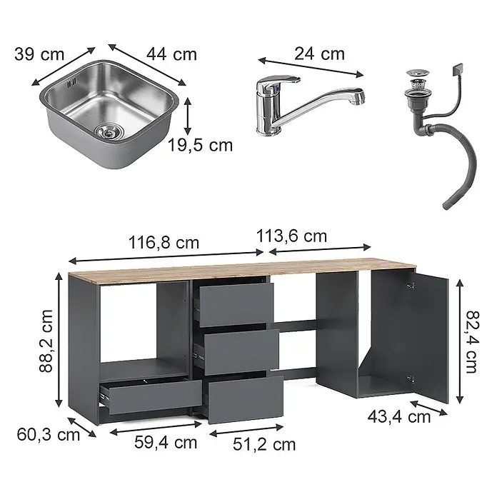 Vicco Küchenleerblock - Breite: 230,4 cm, Anthrazit
