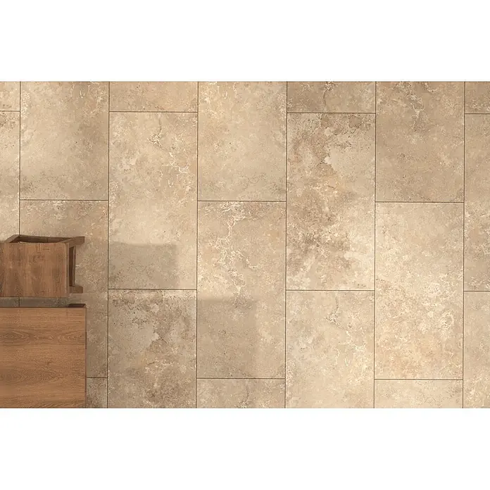 Feinsteinzeugfliese CREMA TRAVERTINO – 60 x 120 cm, Travertinoptik, Mat - 