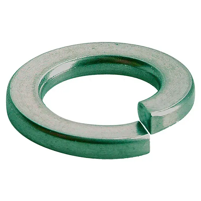 Federring A2 - Innendurchmesser: 4,1 mm, Edelstahl, 16 Stk. - Nahaufnahme einer Federscheibe aus Metall, die zur Befestigung und Sicherung von Schraubverbindungen verwendet wird.