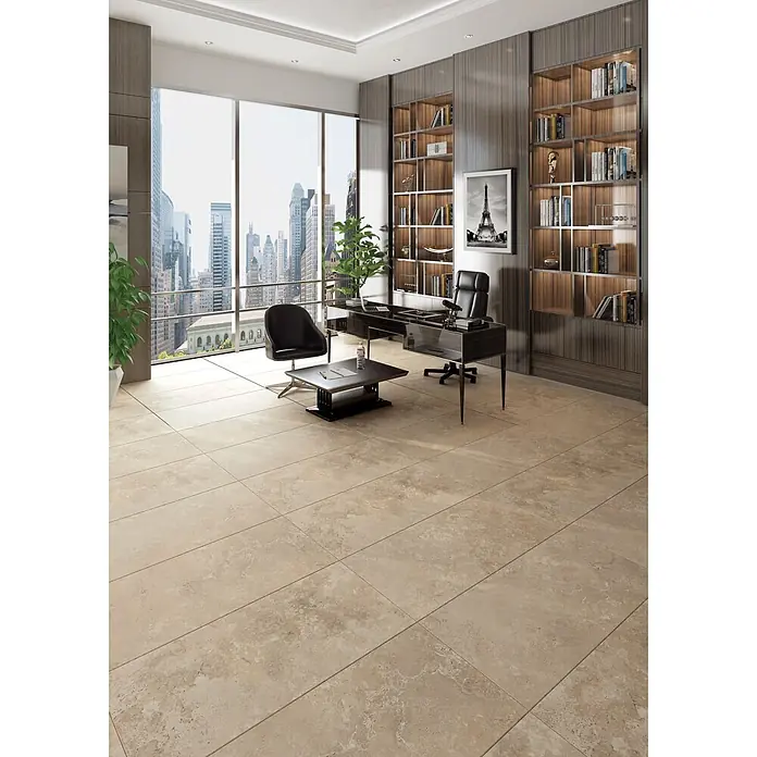 Feinsteinzeugfliese CREMA TRAVERTINO – 60 x 120 cm, Travertinoptik, Mat - 