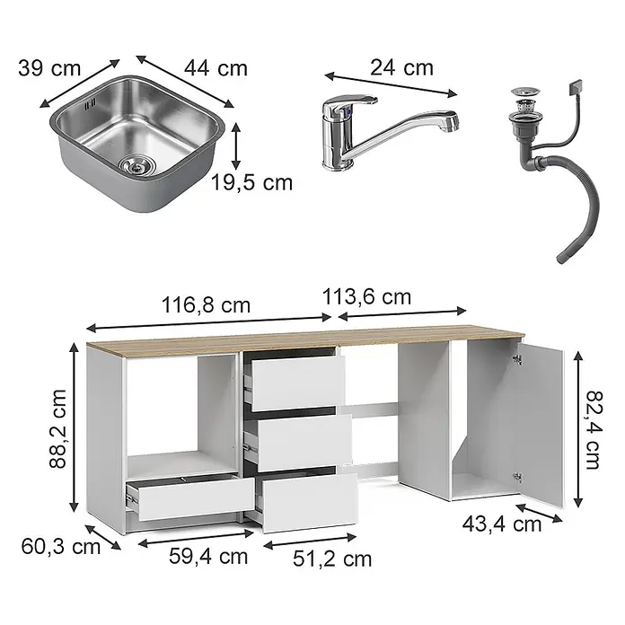 Vicco Küchenleerblock - Breite: 230,4 cm, Weiß