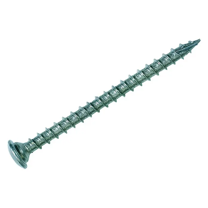 Pfostenschraube C1 - Ø x L: 7 x 50 mm, Edelstahl, 12 Stk., Zentrierkopf, Vollgewinde - Nahaufnahme einer einzelnen Stockschraube aus Metall mit flachem Kopf und scharfer Spitze, die für Bau- oder Heimwerkerprojekte geeignet ist.