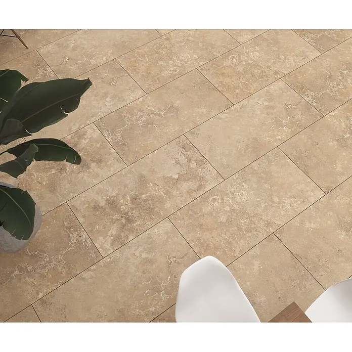 Feinsteinzeugfliese CREMA TRAVERTINO – 60 x 120 cm, Travertinoptik, Mat - 