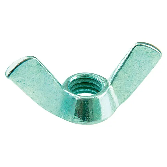 Stabilit FlügelmutterM 6, Stahl, 25 Stk. - Nahaufnahme einer Flügelmutter aus Metall, die auf einem weißen Hintergrund liegt und ein glänzendes, metallisches Finish aufweist.