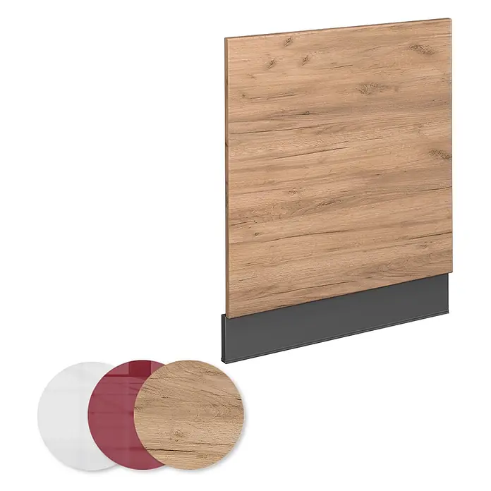 Frontblende Fame-Line 60 cm Goldkraft Eiche Art.-Nr. 46883 -  - Holzdekorplatte mit dunkelgrauer Sockelleiste, dazu weiße, glänzend rote und Holzdekor-Muster.