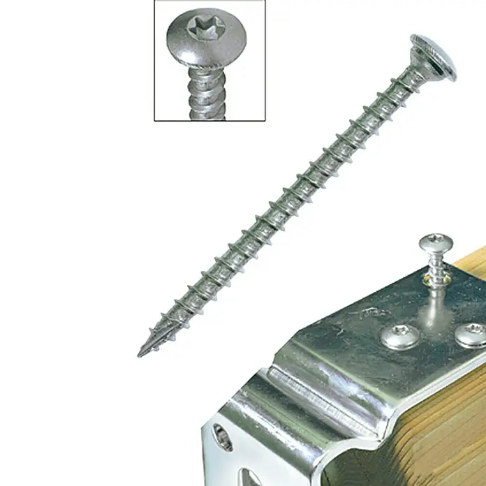 Pfostenschraube C1 - Ø x L: 7 x 50 mm, Edelstahl, 12 Stk., Zentrierkopf, Vollgewinde - Ansicht eines langen Edelstahlschraube mit Torx-Antrieb, ideal für Holzverbindungen im Außenbereich.
