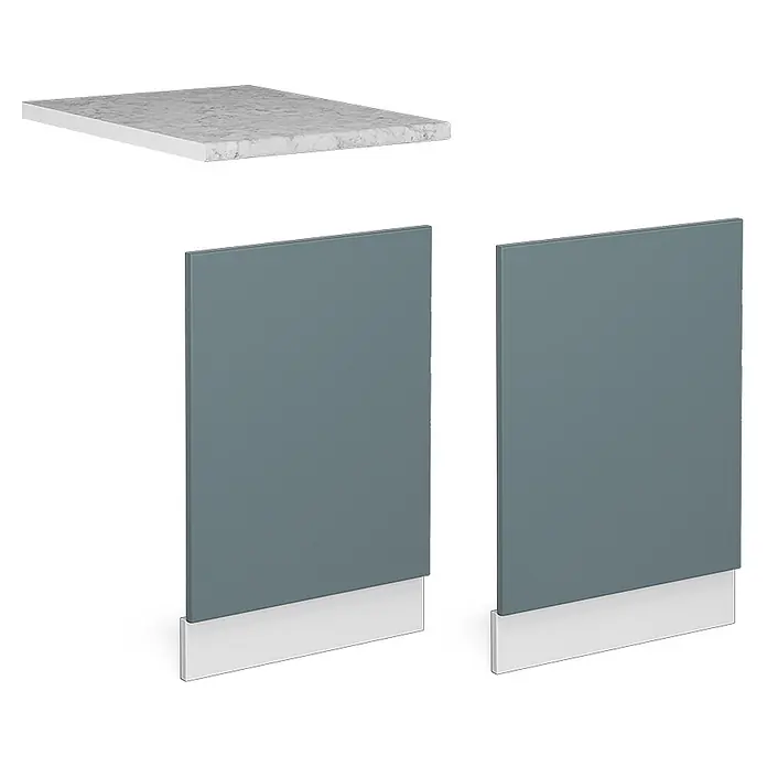 Frontblende R-Line 45 cm Blau-Grau Art.-Nr. 41273 -  - Arbeitsplatte in Marmoroptik mit zwei blaugrauen Schranktüren und weißen Sockeln.