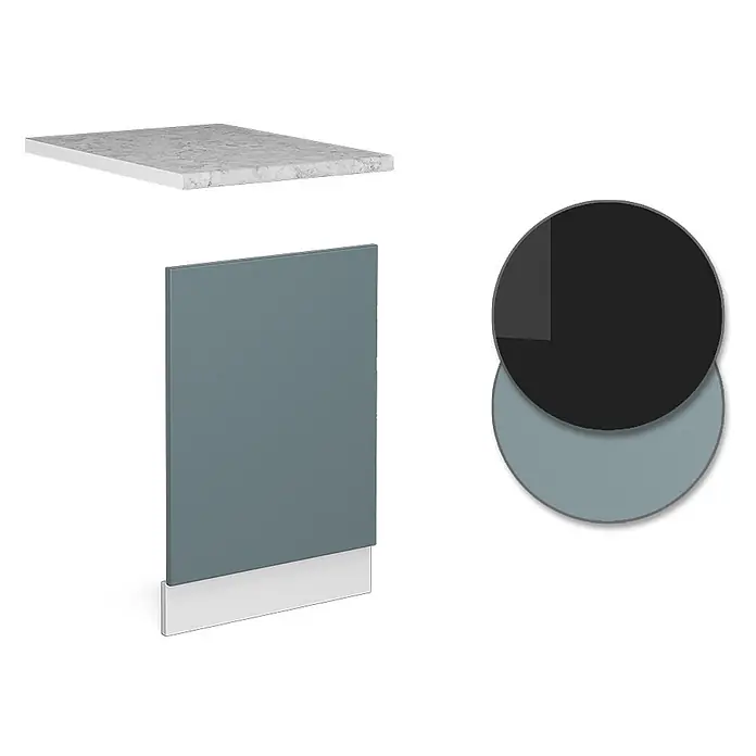Frontblende R-Line 45 cm Blau-Grau Art.-Nr. 41273 -  - Küchenschrankelemente: eine graue Marmorarbeitsplatte, eine blau-graue Schranktür mit weißem Sockel und passende Farbmuster.