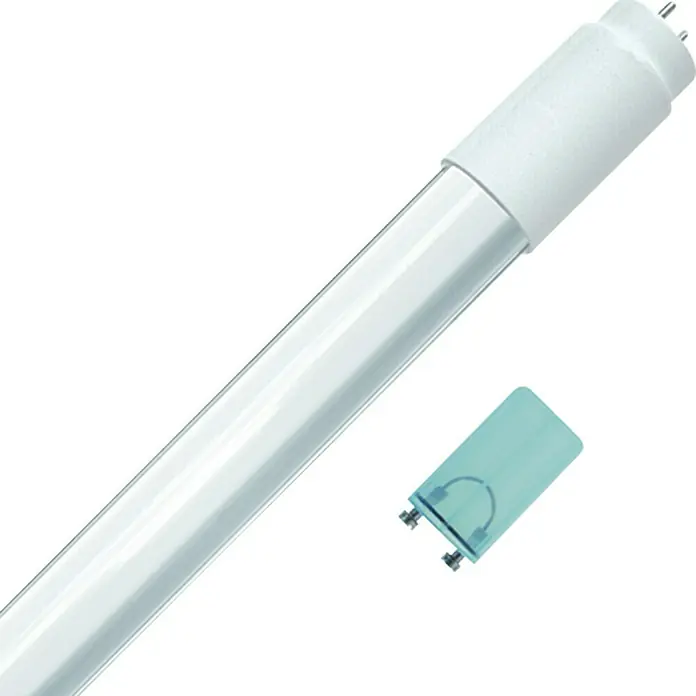 Voltolux Tubo LED - Largo: 60 cm, Blanco neutro, 10 W, 950 lm, G13, Blanco - Primer plano de un tubo LED y una cubierta azul que muestran un diseño de iluminación moderno.