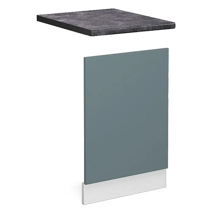 Frontblende R-Line 45 cm Blau-Grau Art.-Nr. 46152 -  - Dunkelgraue, strukturierte Arbeitsplatte und eine grau-blaue Schranktür mit weißem Sockel, als modulare Komponenten dargestellt.