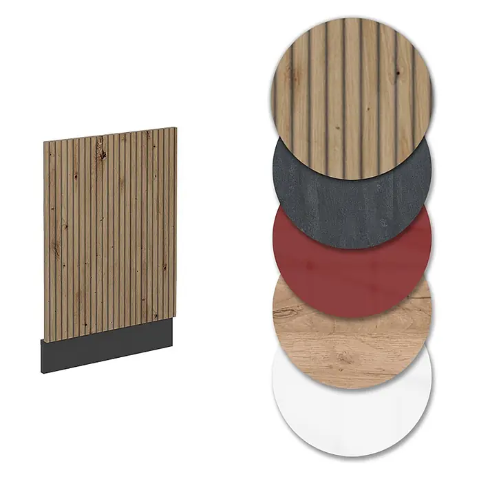 Frontblende R-Line 45 cm Artisan-Eiche Art.-Nr. 47053 -  - Vertikales Holzlamellenpaneel mit dunklem Sockel; daneben Mustermaterialien in Holz, Dunkelgrau, Rot, Hellholz, Weiß.