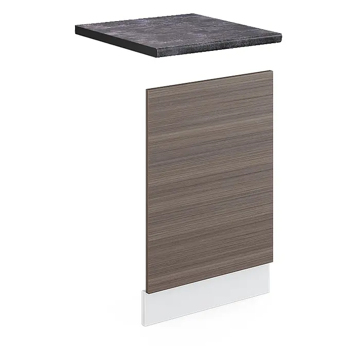Frontblende R-Line 45 cm Edelgrau Art.-Nr. 46231 -  - Dunkelgraue Arbeitsplatte über einer Holzplatte mit weißer Sockelleiste, Küchenschrankkomponenten zeigend.