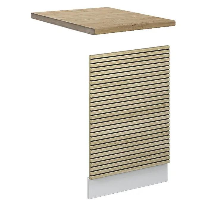 Frontblende Fame-Line 45 cm Eiche Paneel Art.-Nr. 51448 -  - Helle Holzlamellenwandverkleidung mit weißer Fußleiste und passendem Holzregal für modernes Interieur.